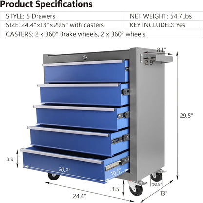 Accreate Durable 5 Drawer Rolling Tool Chest, Portable Steel Tool Box on Wheels for Home Crafts & Garage