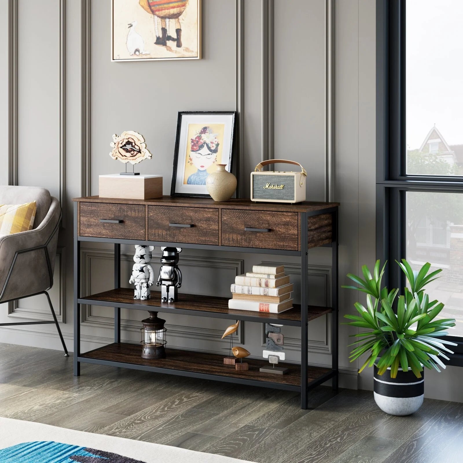 Homfa Console Table with Drawers, 43.3'' Hallway Entryway Table with 3 Tier Storage, Sofa Table for Living Room, Espresso
