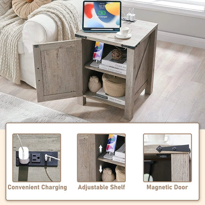 OKD Farmhouse Large Storage Square End Side Tables Wood with Barn Door and Charging Station, Light Rustic Oak