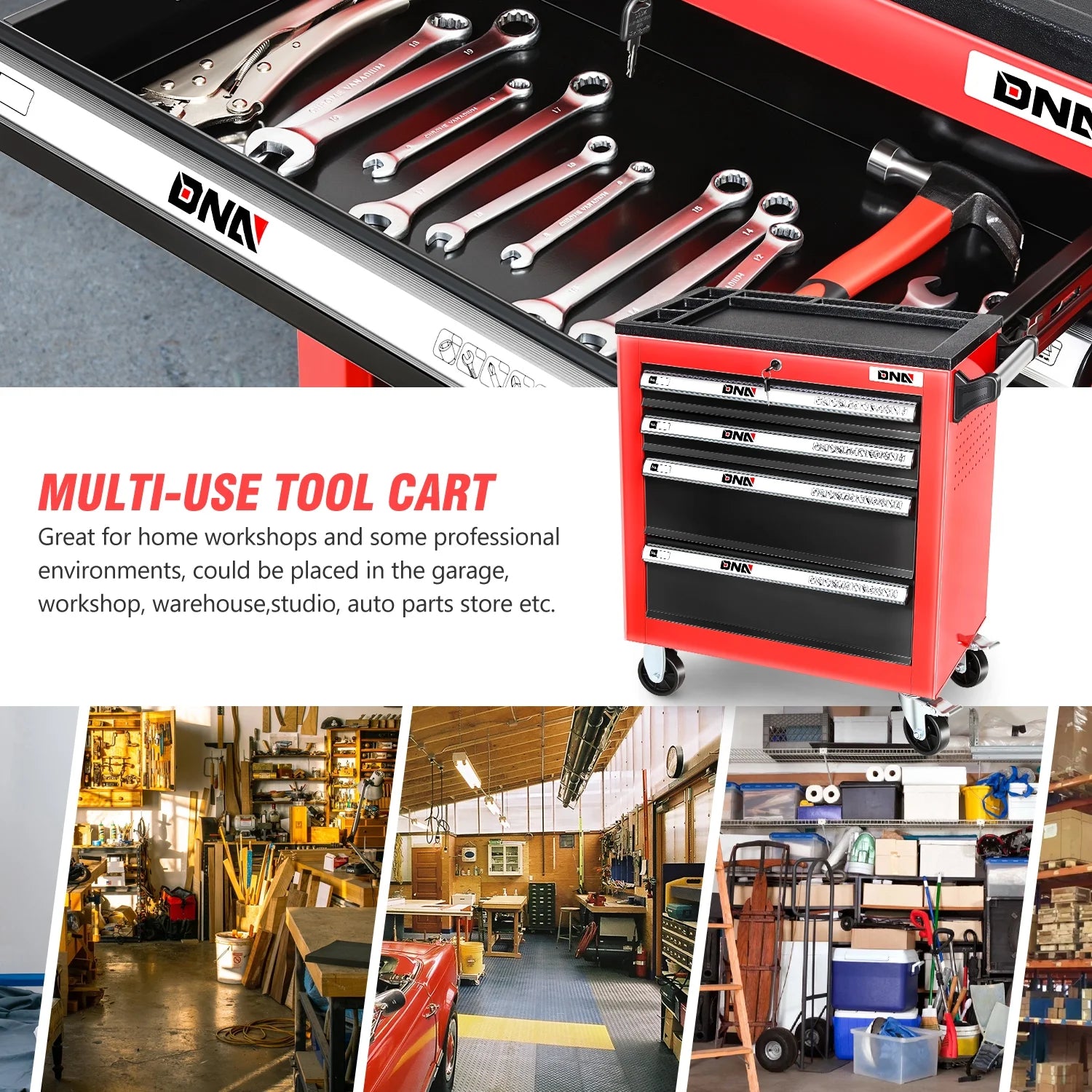 DNA Motoring TOOLS-00401 6 Drawers Garage Warehouse Workshop Plastic Top Tray Rolling Cabinet Chest Red With Swivel Casters