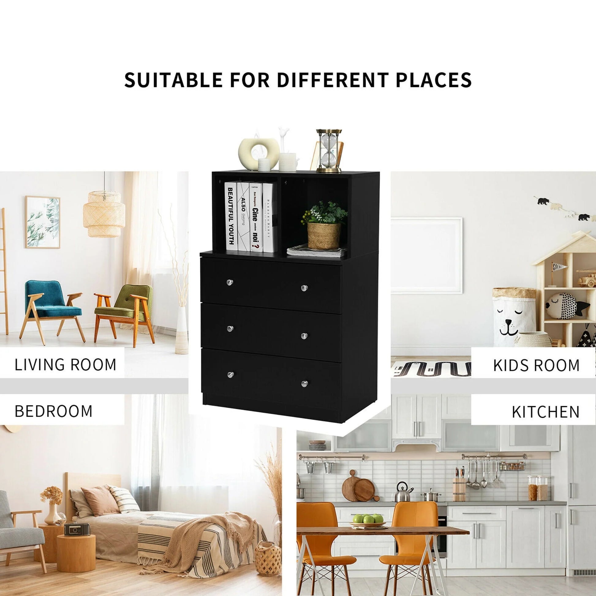 Gymax 3 Drawer Dresser W/Cubbies Storage Chest for Bedroom Living Room Black