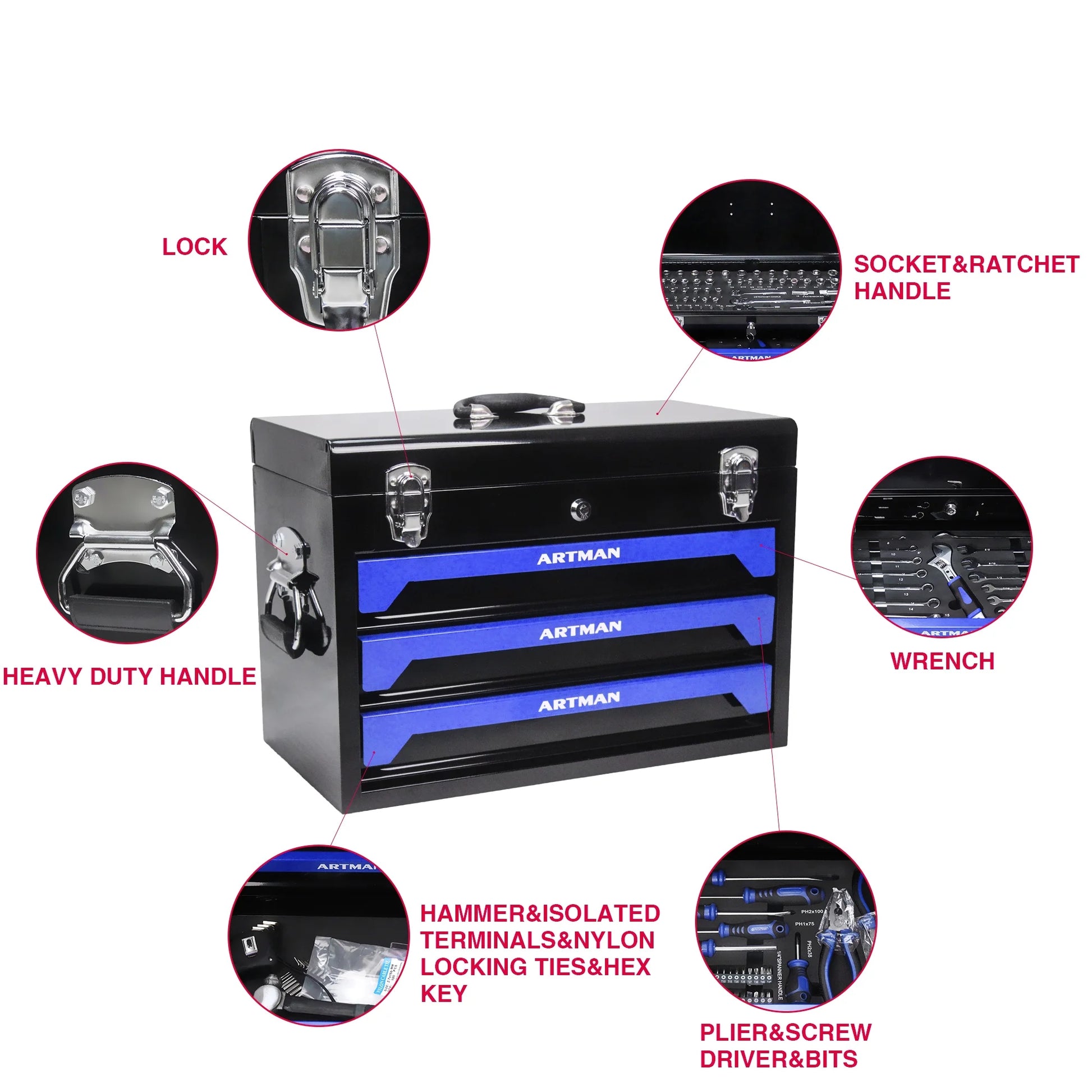 Tool Box with Tool Set, 3 Drawers Metal Toolbox Portable Tool Chest Organizer with Ball-Bearing Drawer