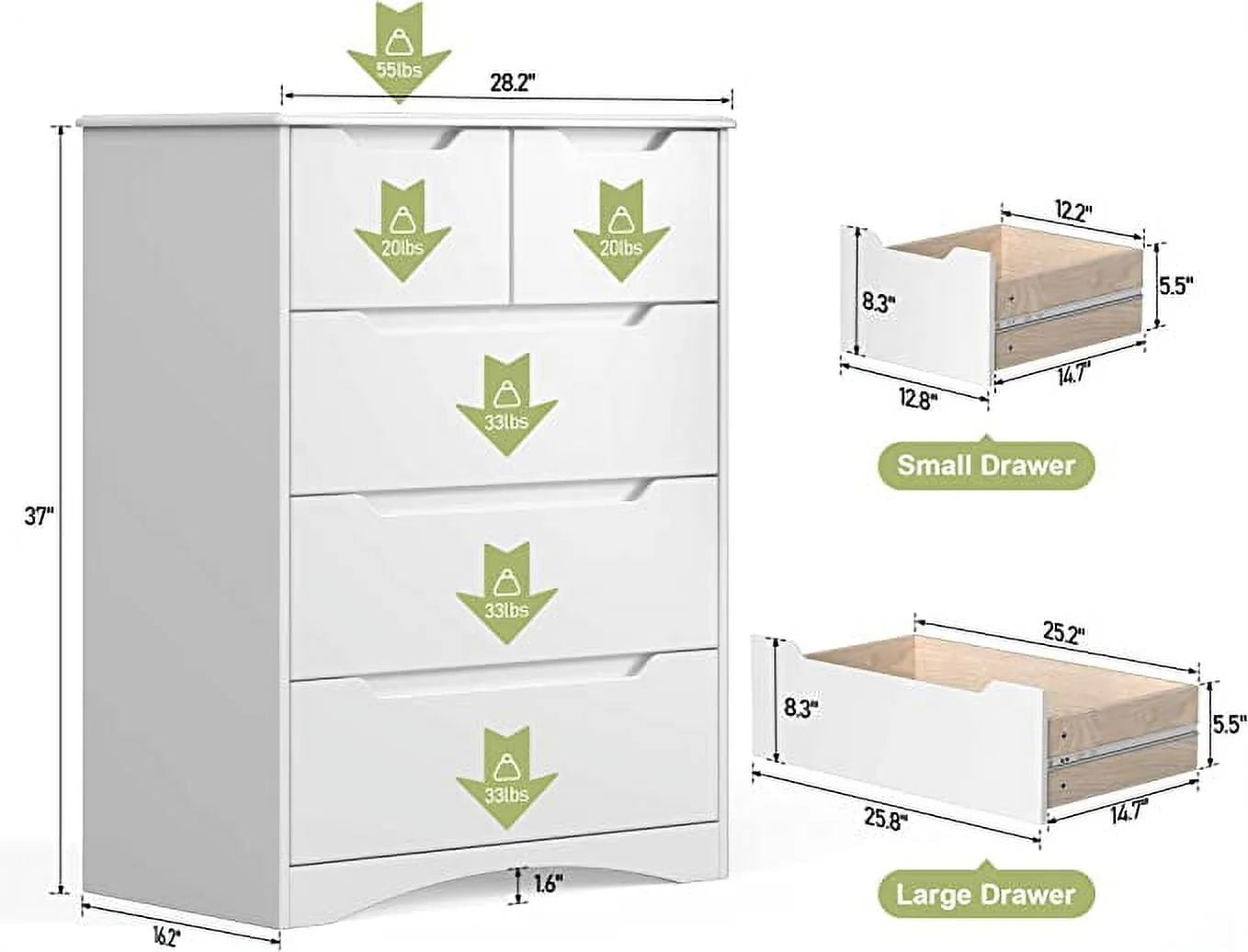 Dresser for Bedroom, Lofka 5 Storage Drawer Chest and Organizer with Cutout Handles for Bedroom, White