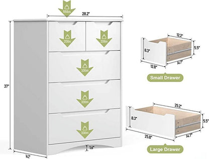 Dresser for Bedroom, Lofka 5 Storage Drawer Chest and Organizer with Cutout Handles for Bedroom, White