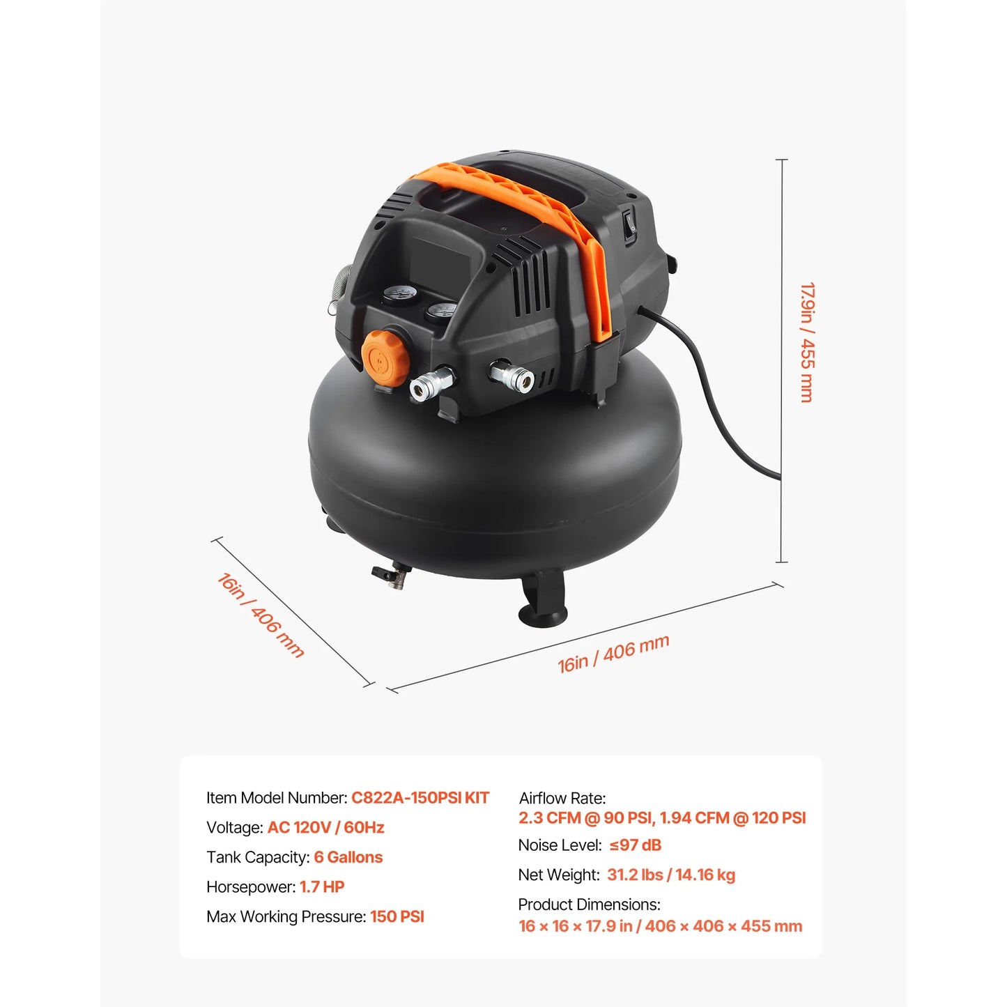 KFFKFF 6-Gallon Portable Air Compressor, 1.7HP Motor, 2.3CFM@90PSI, 150PSI Max Pressure, Includes 12-Piece Accessory Kit and 25FT Air Hose for Tire Inflation, Painting, and Woodworking