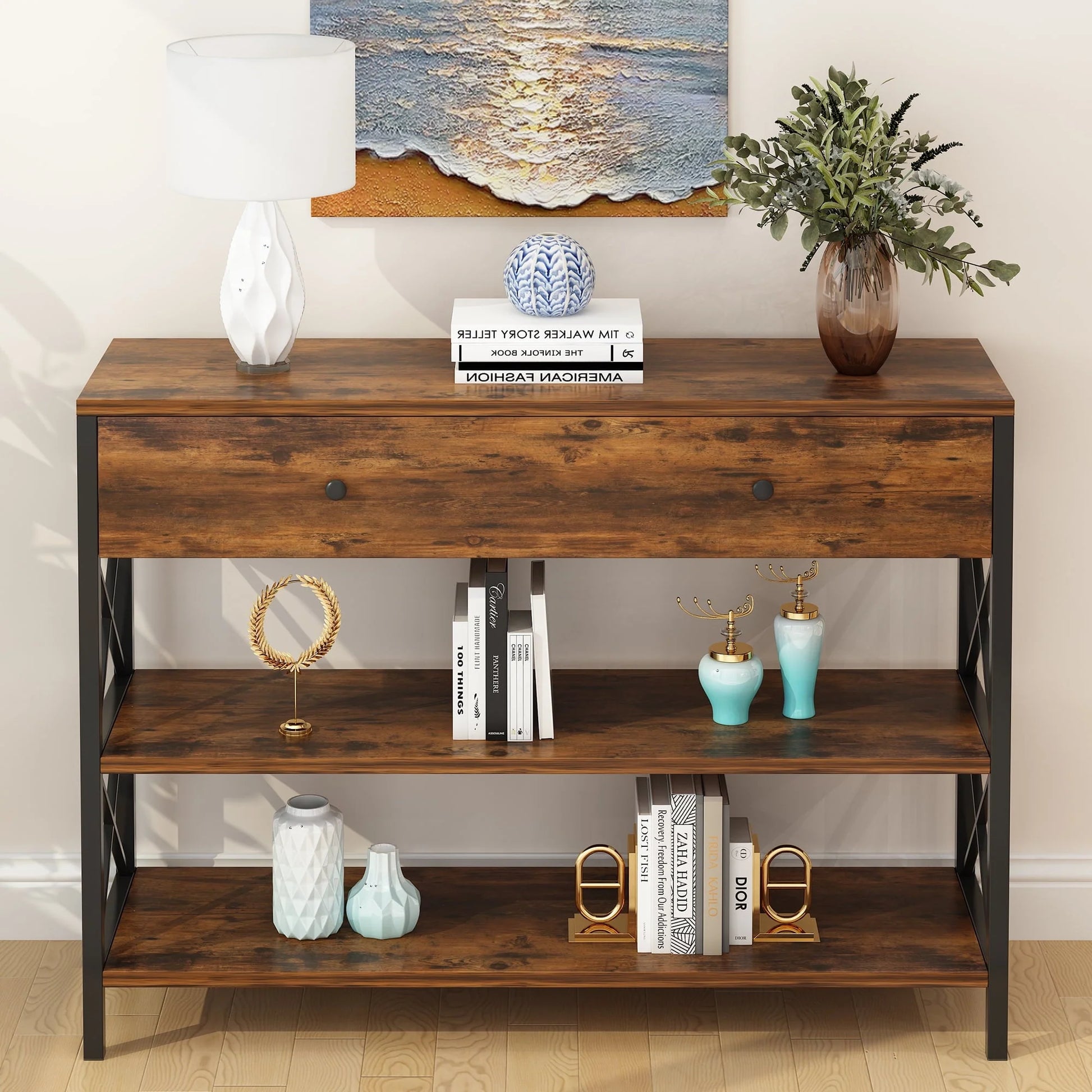 Ktaxon Industrial Console Table Sofa Table with Large Drawer and 2 Storage Shelves, Farmhouse Entryway Table for Living Room Hallway Bedroom, Rustic Brown