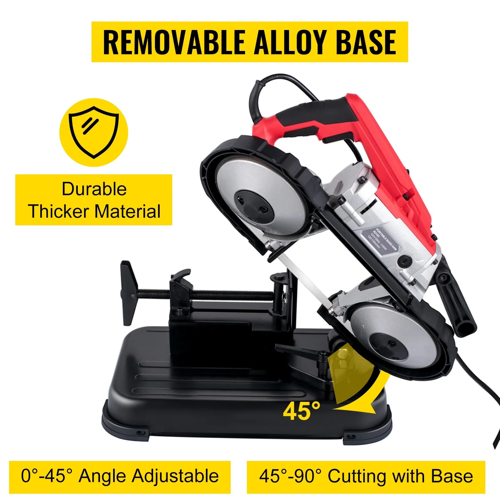 KFFKFF Portable band saw, 110V removable alloy steel base rechargeable band saw, 5 inch cutting capacity handheld band saw, variable speed portable band saw, 10 amp motor, deep cutting band saw for