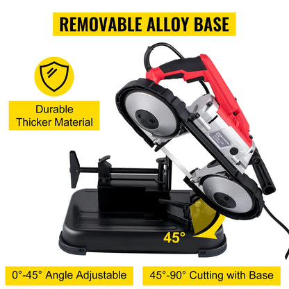 KFFKFF Portable band saw, 110V removable alloy steel base rechargeable band saw, 5 inch cutting capacity handheld band saw, variable speed portable band saw, 10 amp motor, deep cutting band saw for