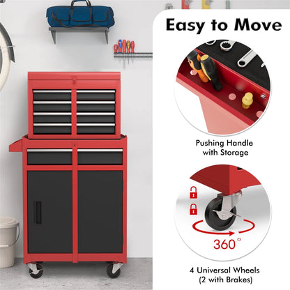 Aukfa Tool Box, 2-in-1 Rolling Tool Chest & Cabinet on Wheels for Garage Workshop, 5-Drawer, Red& Black