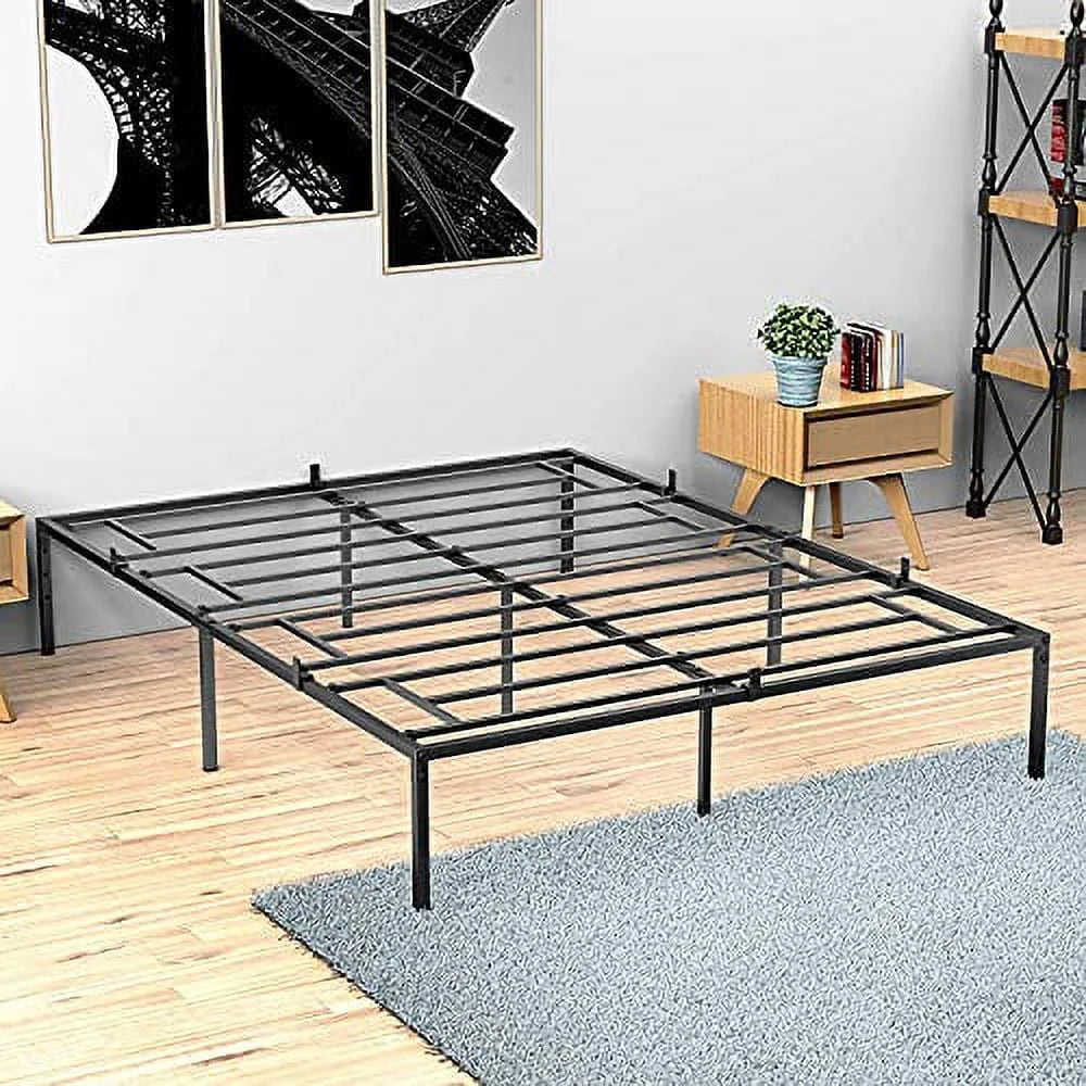 Queen Metal Platform Bed Frame with Sturdy Steel Bed Slats, Mattress Foundation, No Box Spring Needed Large Storage Space, Easy to Assemble, Non-Shaking and Non-Noise, Black