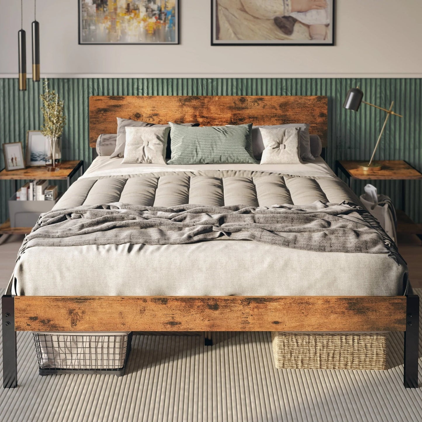 LIKIMIO Queen Platform Bed Frame with MDF Headboard, Strong Steel Support and Underbed Storage Space, Vintage Brown
