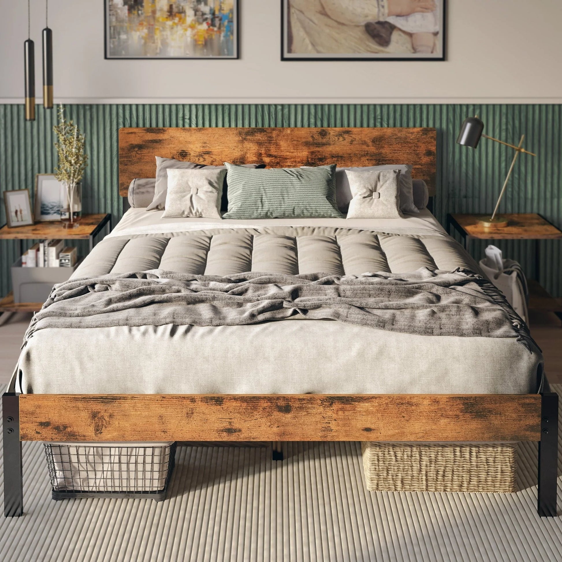 LIKIMIO Queen Platform Bed Frame with MDF Headboard, Strong Steel Support and Underbed Storage Space, Vintage Brown