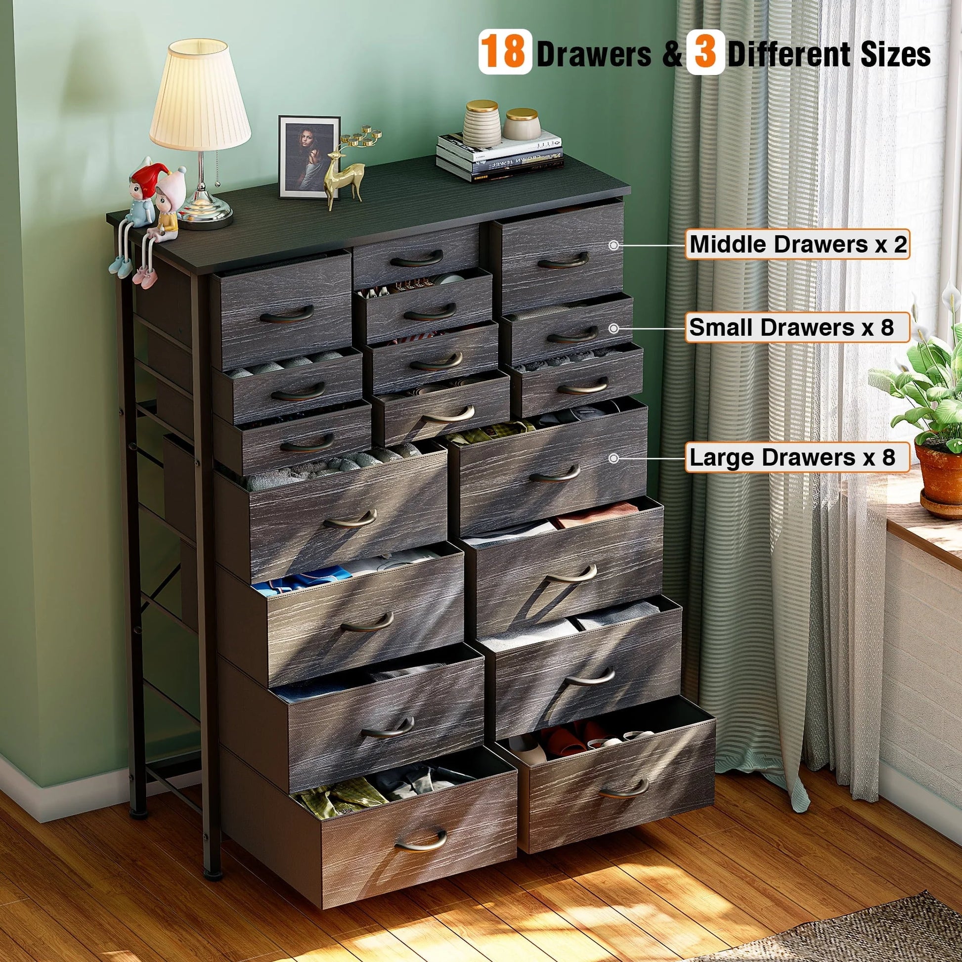 GIKPAL Dresser for Bedroom, Chest of Drawers Black Furniture Dressers Tall Dresser with 18 Drawers Fabric Dresser Clothes Storage for Living Room Office