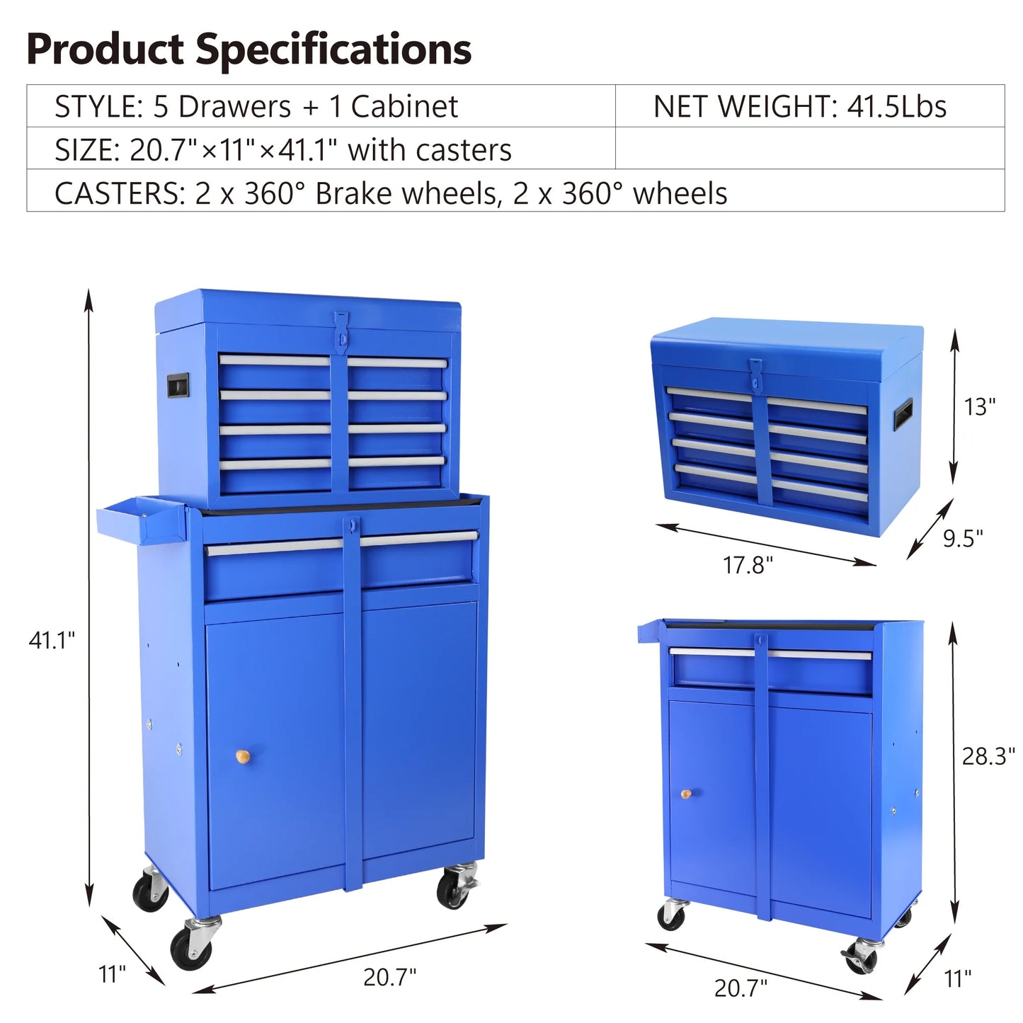 DUOSONG 5-Drawer Rolling Tool Chest, High Capacity Tool Storage Cabinet W/Lockable Wheels, Adjustable Shelf & Anti-Slip Liner, Detachable Tool Box Organizer, Rolling Tool Cabinet Blue Steel Tools &