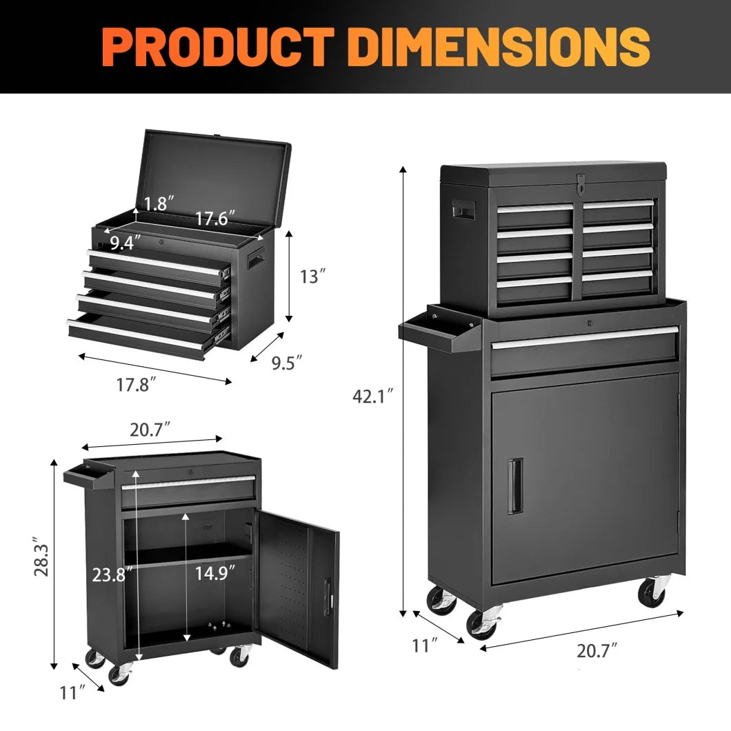 5-Drawer Rolling Tool Chest, 2 in 1 Detachable Tool Box with Lockable Wheels, Adjustable Shelf, and Liner for Garage and Workshop Storage (Yellow)