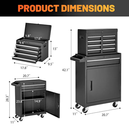 5-Drawer Rolling Tool Chest, 2 in 1 Detachable Tool Box with Lockable Wheels, Adjustable Shelf, and Liner for Garage and Workshop Storage (Yellow)