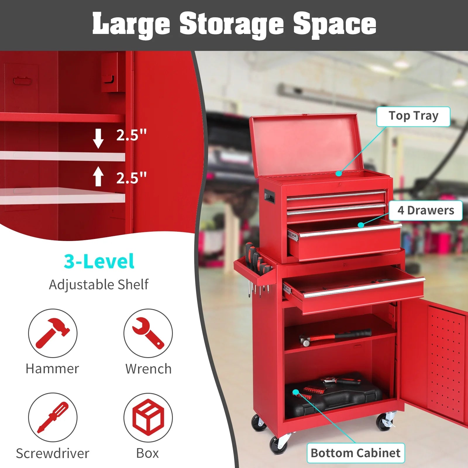 Zimtown Rolling Tool Chest, 4-Drawer Tool Box Organizer, Tool Storage Cabinet