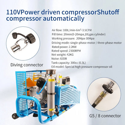 TUDIVING PCP Air Compressor, 4500psi/300bar High Pressure Auto stop Air Pump, 100L/min Air Flow Diving Compressor, Built-in filter for Scuba Tank Paintball, 110V