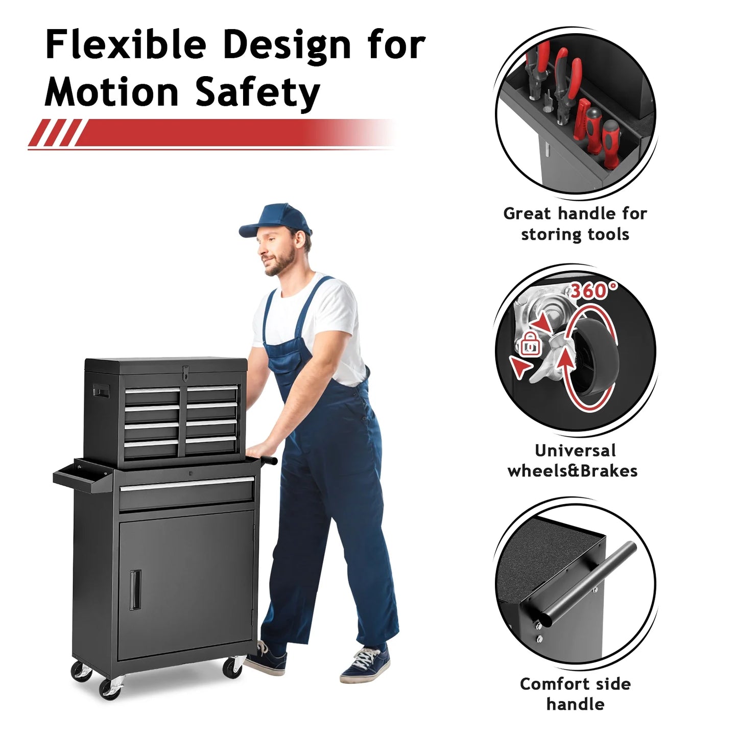 NETAJE Metal Tool Chest, 2 in 1 Steel Rolling Tool Box & Cabinet On Wheels for Garage, Detachable Top Tool Box and Lockable Wheels Metal Tool Cart for Garage, 5-Drawer, Black