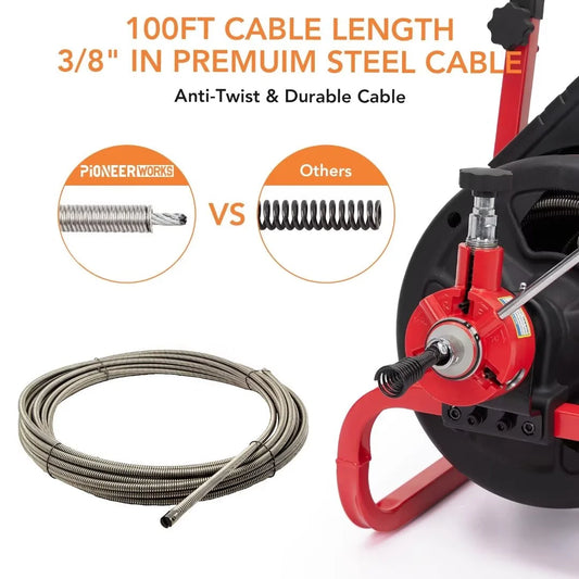 Drain Cleaner Machine, 100 Ft X 3/8 Inch Electric Drain Snake with 6 Cutters, Electric Drain Clog Remover Plumbing Tool for 2-4" Pipes