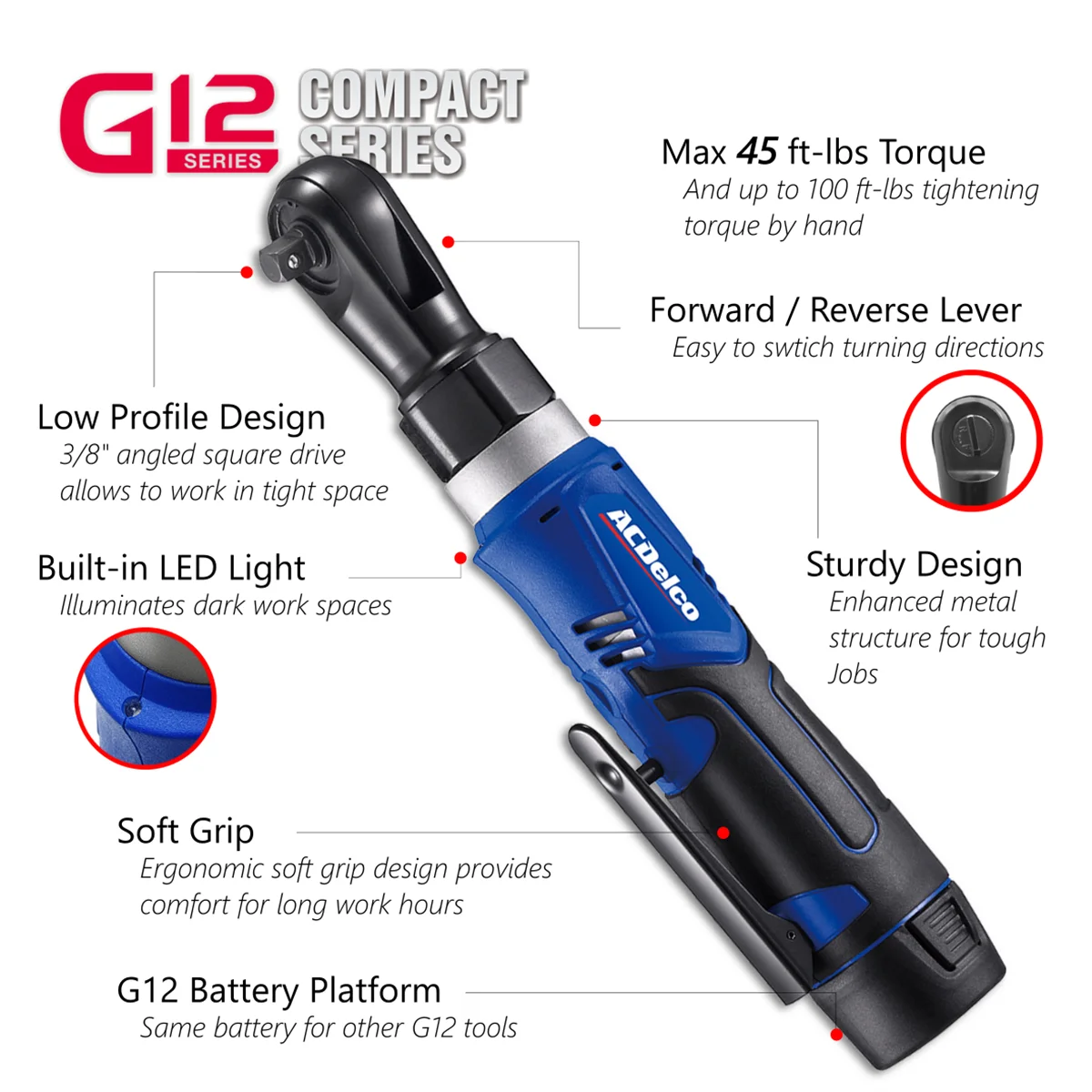 ACDelco G12 Series, 1/4 & 3/8 in Drive Size Cordless 2.0 Ah, 30 ft lb & 45 ft lb Electric Ratchet