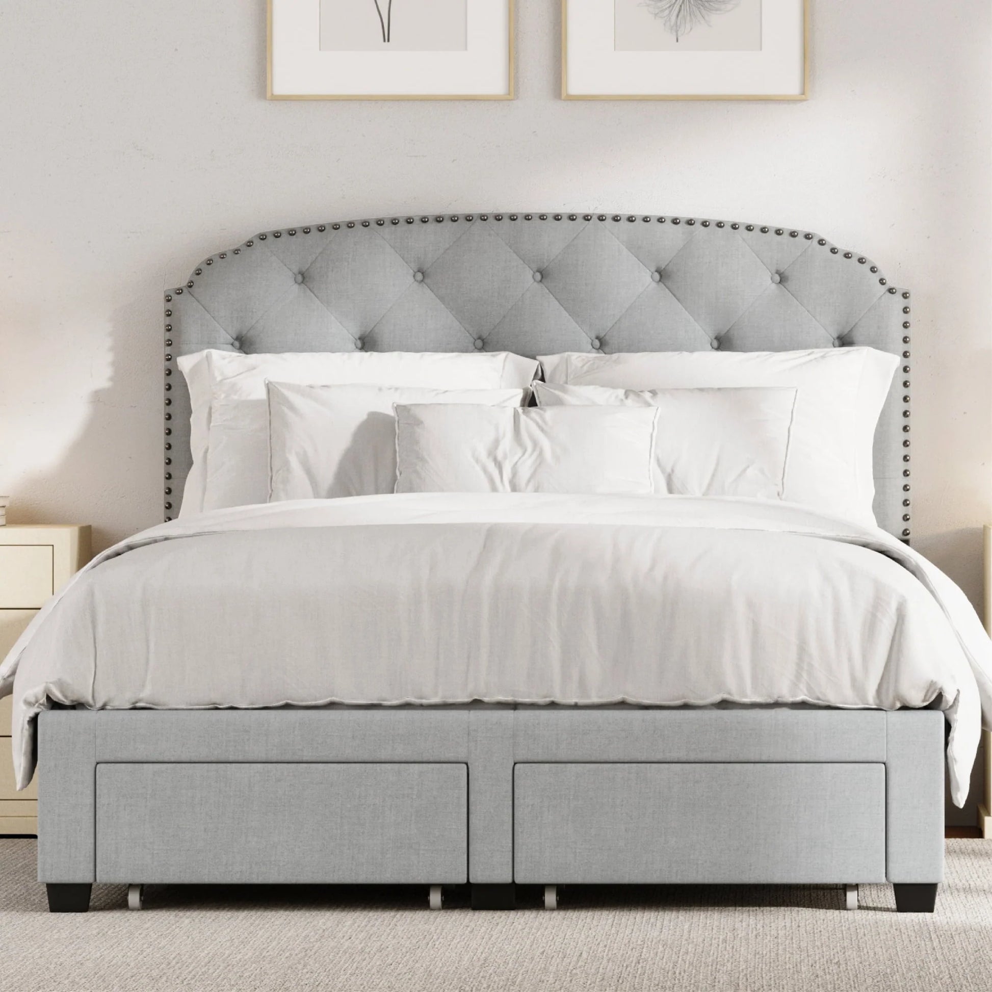DG Casa Argo Tufted Upholstered Panel Bed Frame with Storage Drawers and Nailhead Trim Headboard, King Size Storage Bed in Platinum Linen Style Fabric