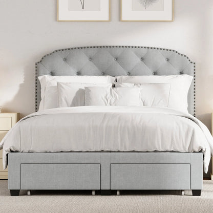DG Casa Argo Tufted Upholstered Panel Bed Frame with Storage Drawers and Nailhead Trim Headboard, King Size Storage Bed in Platinum Linen Style Fabric