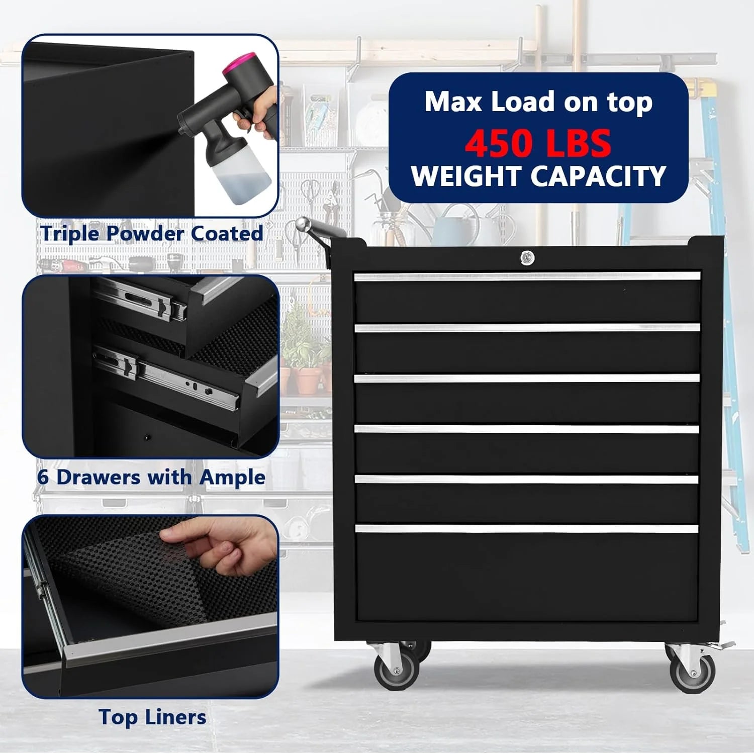 Rolling Tool Chest with 6 Drawers - Portable Tool Storage Cabinet on Wheels