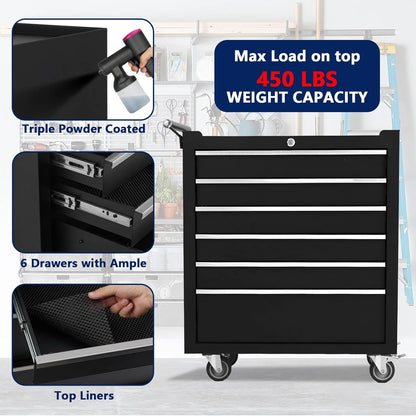 Rolling Tool Chest with 6 Drawers - Portable Tool Storage Cabinet on Wheels