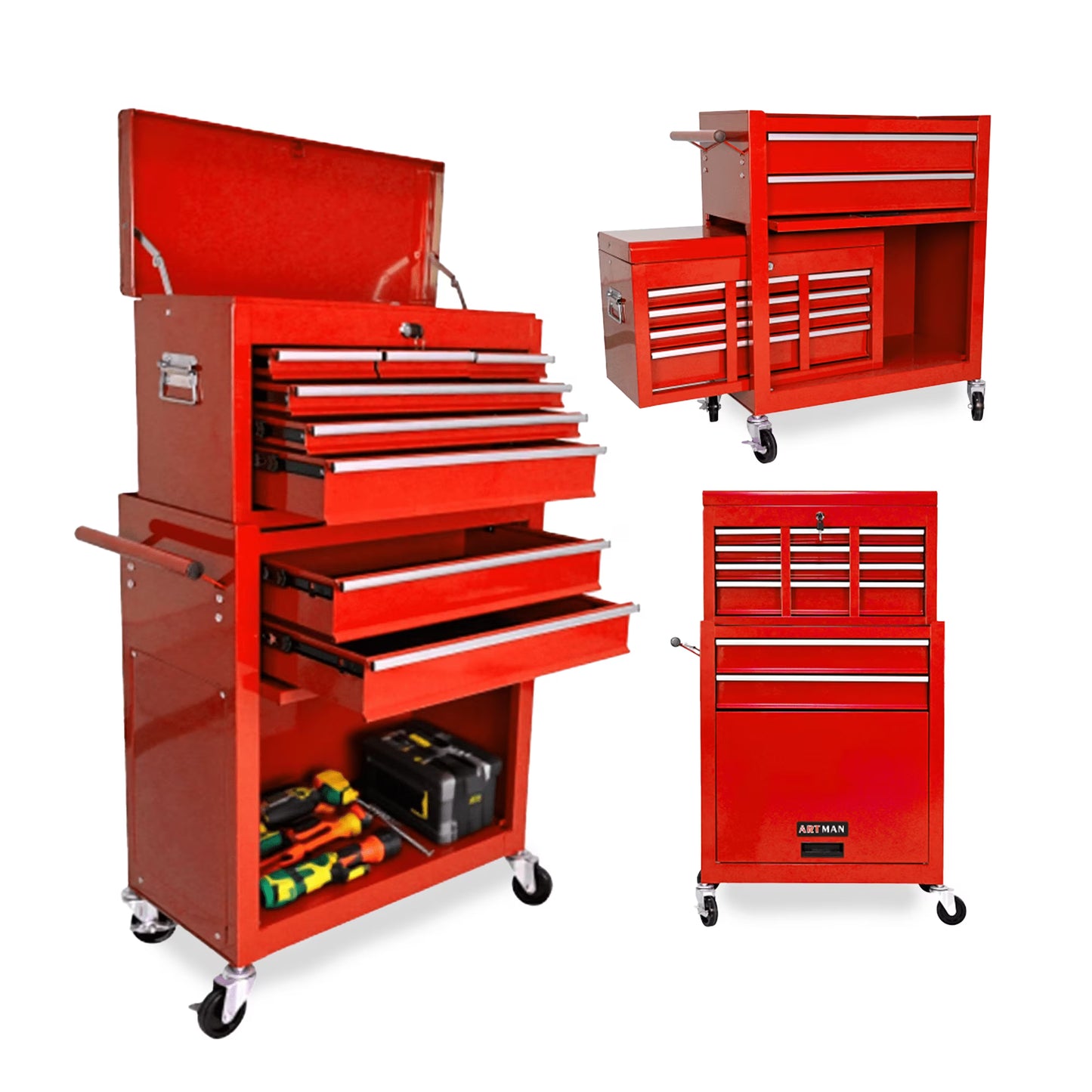 ARTMAN 2-IN-1 High Capacity 8-DrawerTool Box, Rolling Storage Tool Chest Cabinet with Wheels and Drawers for Garage Workshop Warehouse