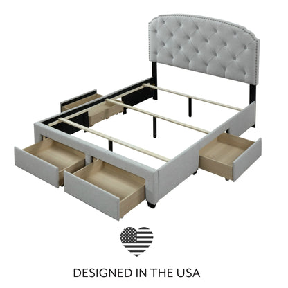 DG Casa Argo Tufted Upholstered Panel Bed Frame with Storage Drawers and Nailhead Trim Headboard, King Size Storage Bed in Platinum Linen Style Fabric