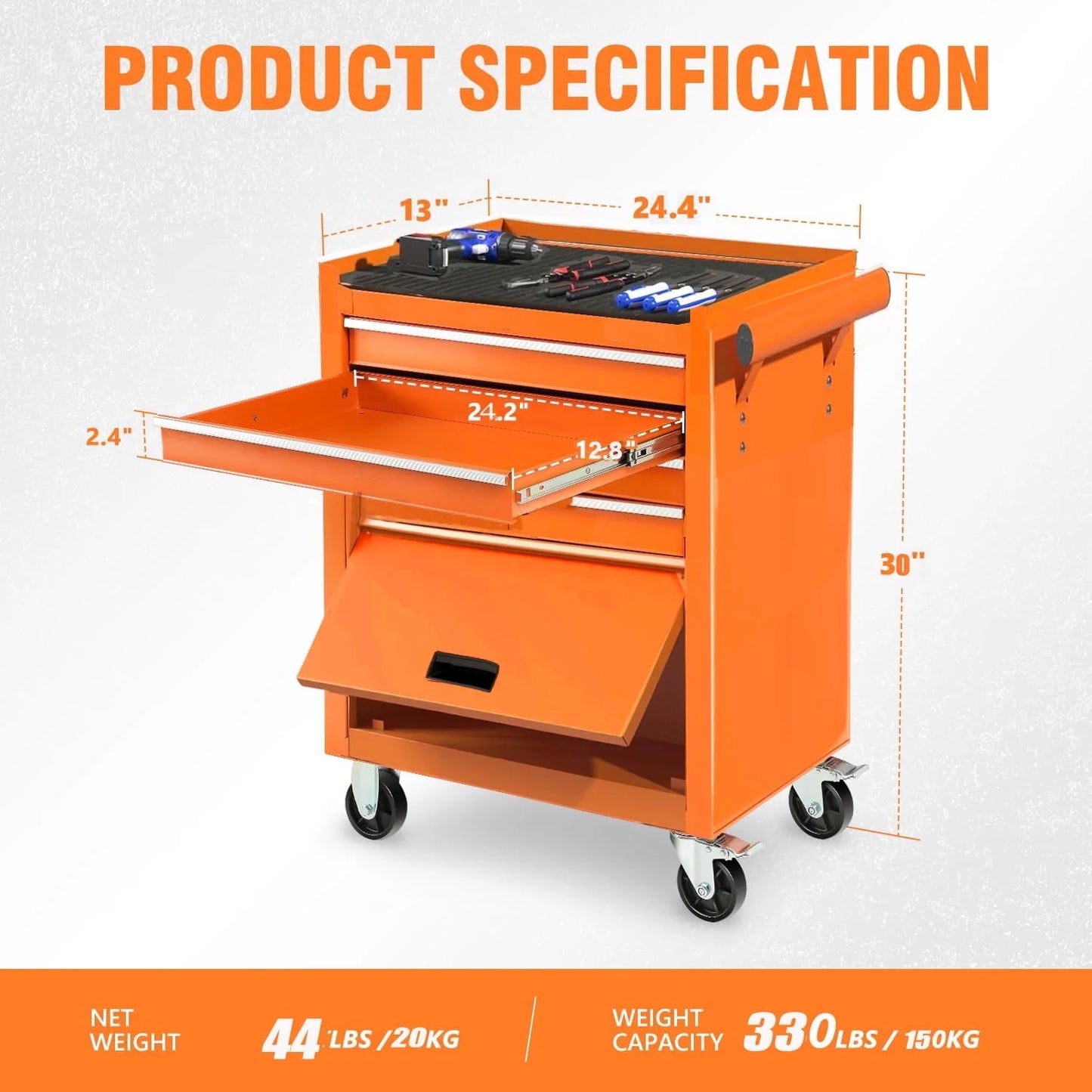 POWANLI Drawer Rolling Tool Chest with Wheels, Steel Orange, 24.25" 48.5 lb