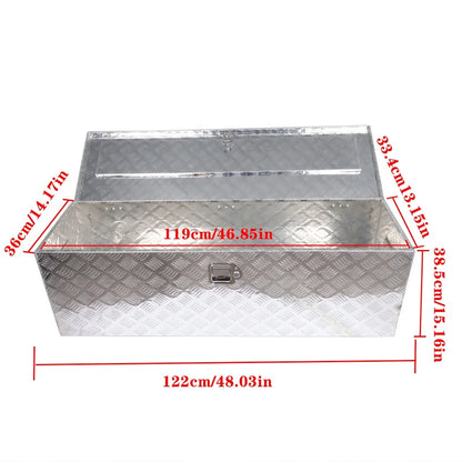 Genrics 49 Inch Trailer Tongue Tool Box Chest Box Diamond Tread Aluminum Heavy Duty Truck Pick Up Underbody Storage Organizer Handling Tools Weather Resistant w/Lock Sliver
