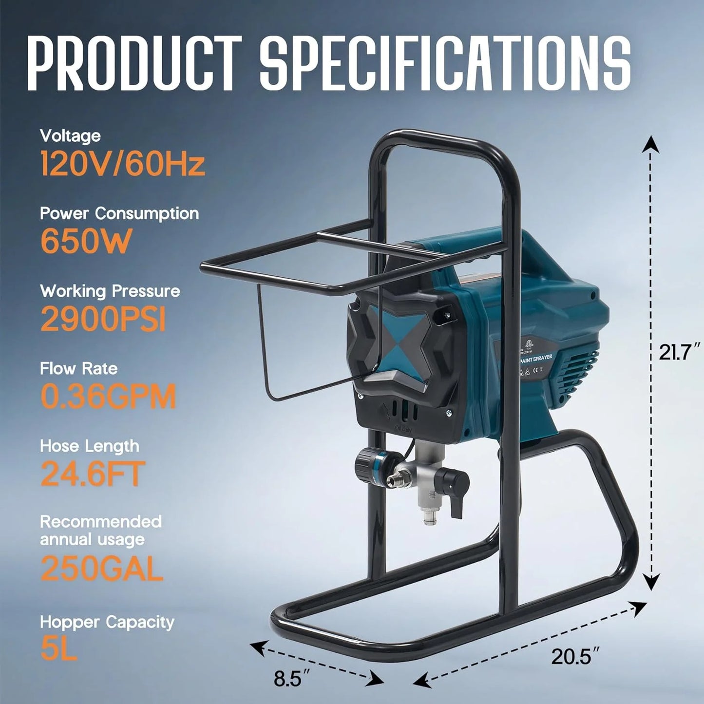 Jocisland High-Pressure Airless Paint Sprayer with 5L Hopper Capacity,650W, 2900 PSI Paint Sprayer with Two Spray Tips Options, for Professional and DIY Use