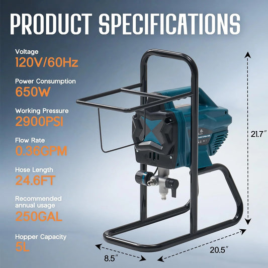 Jocisland High-Pressure Airless Paint Sprayer with 5L Hopper Capacity,650W, 2900 PSI Paint Sprayer with Two Spray Tips Options, for Professional and DIY Use