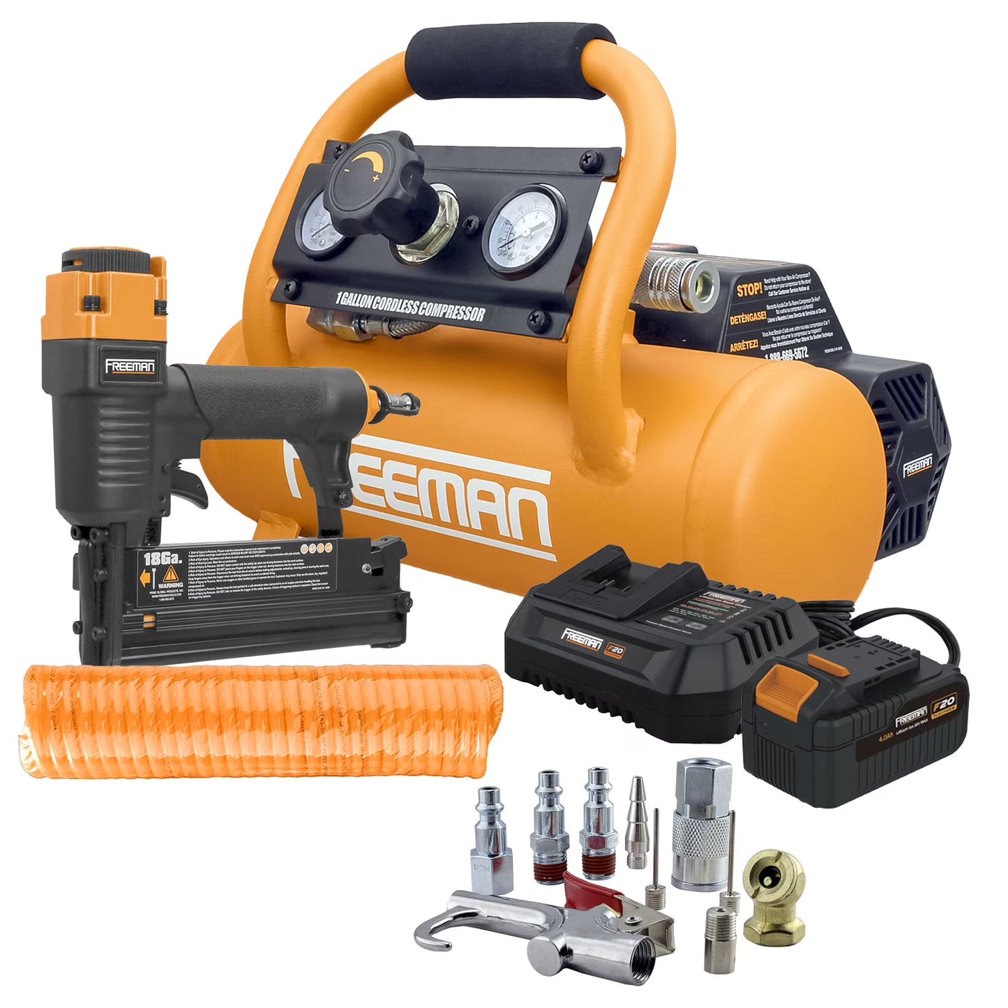 Freeman PE1GCCK 20V Cordless 1 Gal. Air Compressor with 3-in-1 Pneumatic Finish Nailer/Stapler, Battery, Charger, Air Hose, Inflation Accessory Kit and Fasteners (600 Count) - 700 Shots per Charge