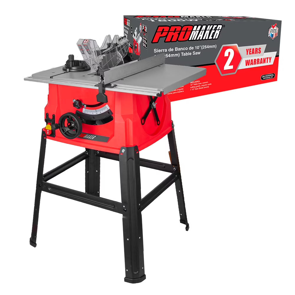 PROMAKER 10 Inch Table Saw, 15.5-Amp 5000RPM, Table Saw for Woodworking with Miter Gauge Scale, 0-45o Bevel Cuts and Straight Cuts at 90o, Includes Saw and 2 year warranty