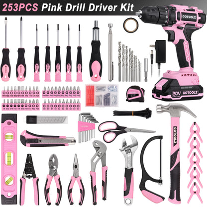 253-Piece 20V Pink Cordless Lithium-ion Drill Driver And Home Tool Set, Lady's Repairing Kit With 12-Inch Wide Mouth Open Storage Bag