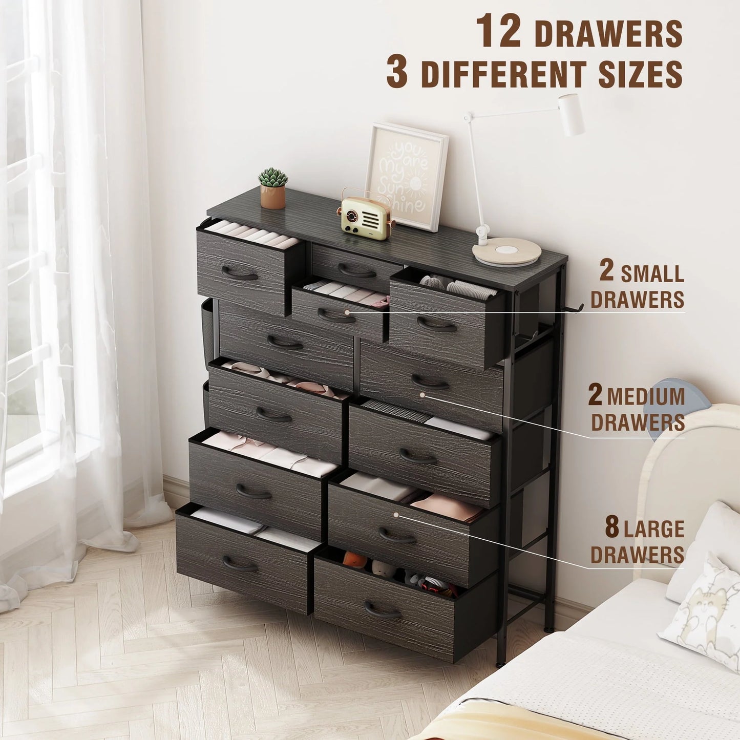 GIKPAL Black Dressers for Bedroom with 12 Drawer Tall Dresser Chest of Drawers Fabric Storage Dressers for Living Room