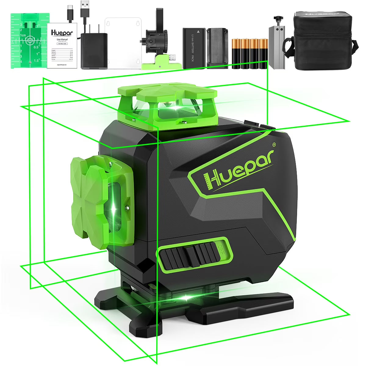 Huepar 3 x 360 Degree Cross Line Laser Level 3D Self-leveling Tiling Floor Green Beam Laser Leveler Tools with Li-ion Battery & Pivoting Base S03DG-L