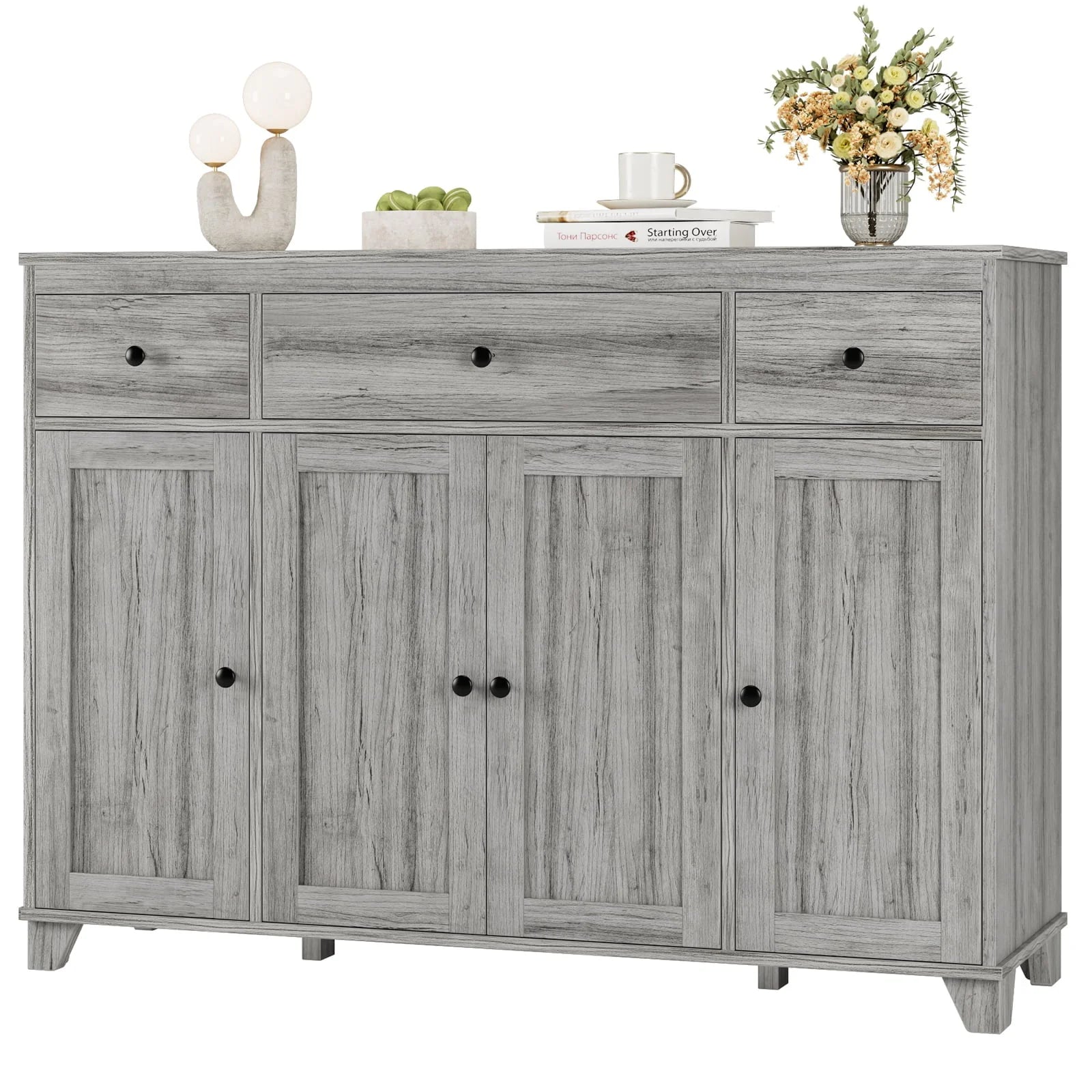 Homfa Buffet Sideboard, Wooden Storage Cabinet with Drawers & Doors, Wide Buffet Cabinet for Dining Room, Gray