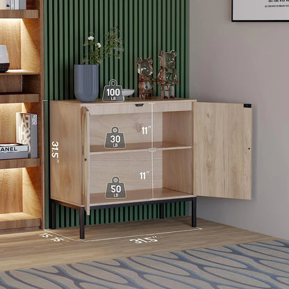 Buffet Sideboard Cabinets with Handmade Natural Rectangle Rattan Doors Set of 2, Accent Oak Color Entryway Chest Console Table with Storage Cabinet for Dining Room, Living Room, Kitchen