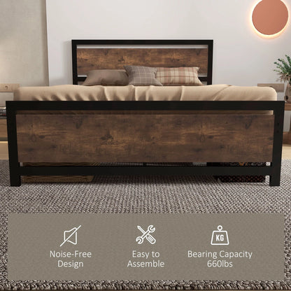 HomCom Full Platform Bed with Headboard & Footboard, Strong Metal Slat Support Bed Frame with Underbed Storage Space, No Box Spring Needed, 56.75" x 76.75" x 40.5"