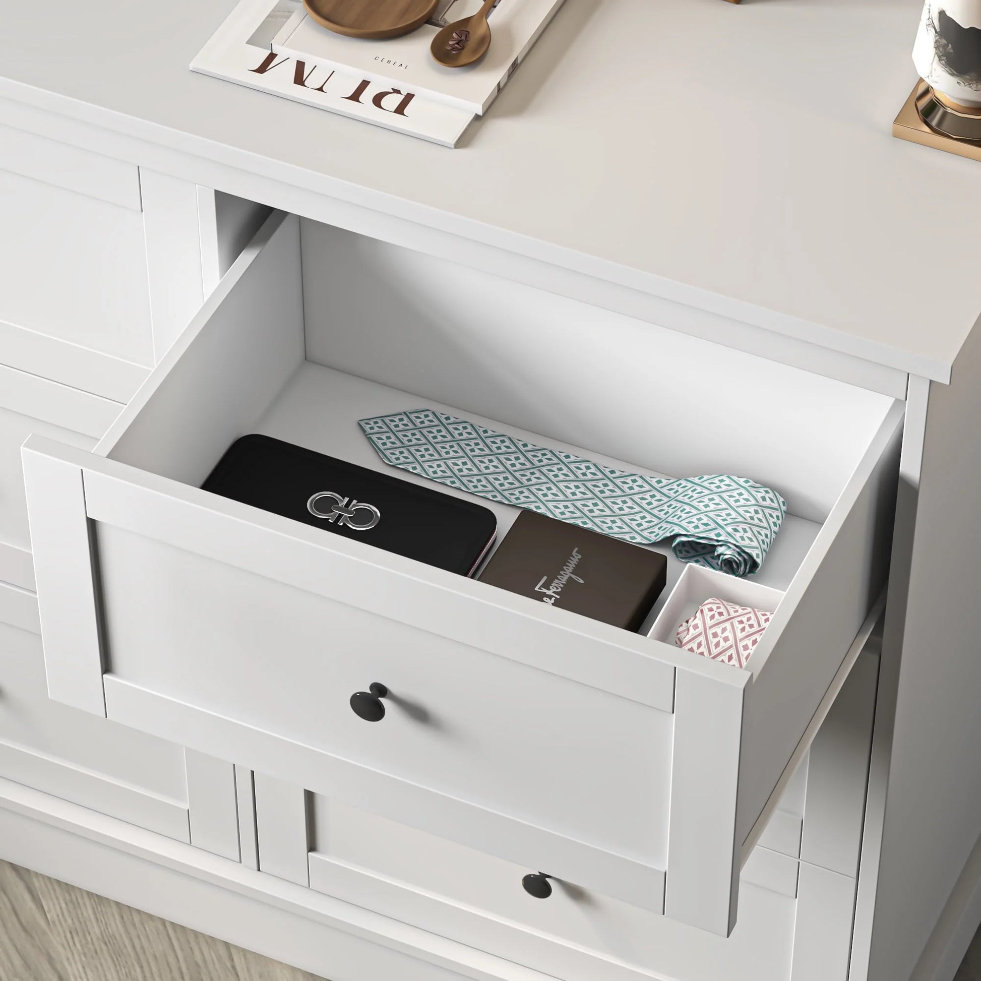 Homfa 6 Drawer Double Dresser White, Wood Storage Cabinet for Living Room, Chest of Drawers for Bedroom
