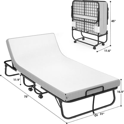 Homieasy Folding Bed with Mattress, 6 Adjustable Positions Backrest, Rollaway Bed for Adults with Memory Foam Mattress and Metal Frame, Portable Bed with Storage Cover, Cot Size (75” x 31”)