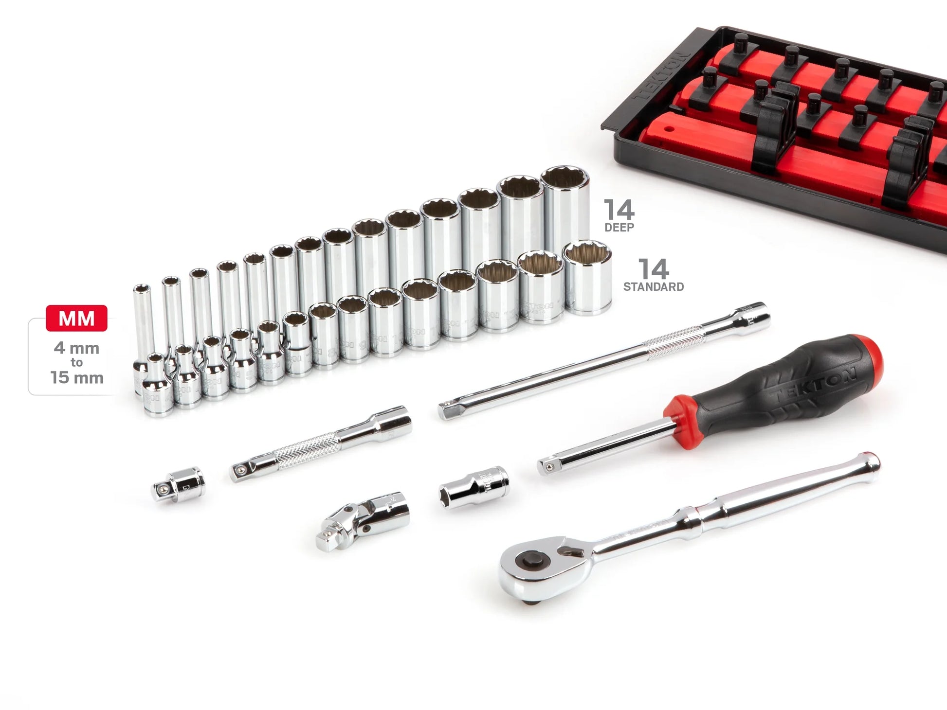 TEKTON 1/4 Inch Drive 12-Point Socket and Ratchet Set with Rails, 35-Piece (4-15 mm) | SKT03202