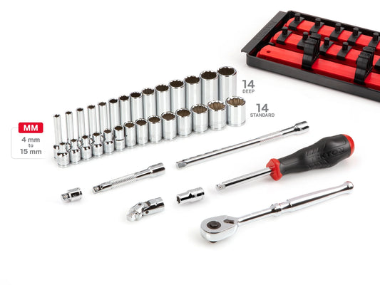 TEKTON 1/4 Inch Drive 12-Point Socket and Ratchet Set with Rails, 35-Piece (4-15 mm) | SKT03202