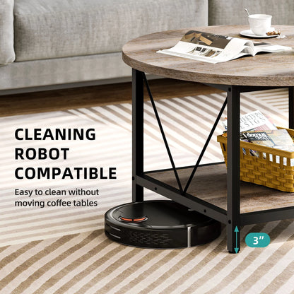Dextrus Round Coffee Table with Storage, Rustic Living Room Tables with Sturdy Metal Legs, OAK