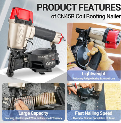 MEITE CN45R Pneumatic Coil Roofing Nailer CN45R 15 Degree 7/8" to 1-3/4" Length Coil Roofing Nail Gun Pistolas