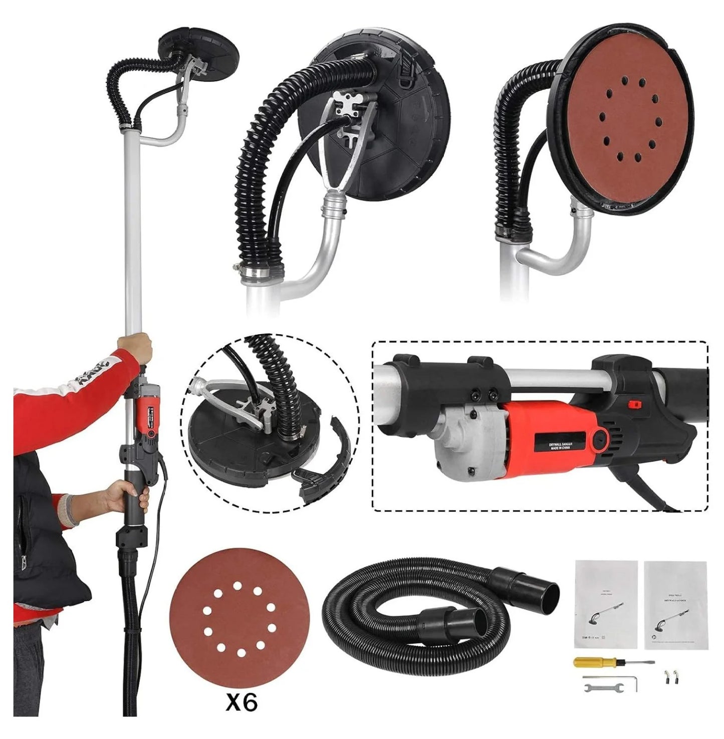 Electric Drywall Sander 800w Adjustable Variable 6 Speed Disc Sander w/6 Sand Pads, 1000-2000RPM